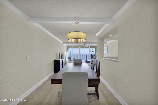 dining space featuring a textured ceiling, light wood-style floors, crown molding, baseboards, and a textured wall