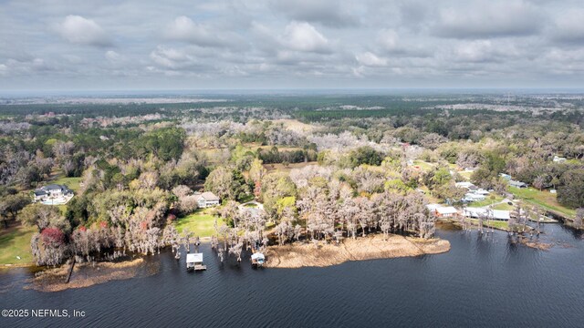 aerial view featuring a water view and a wooded view