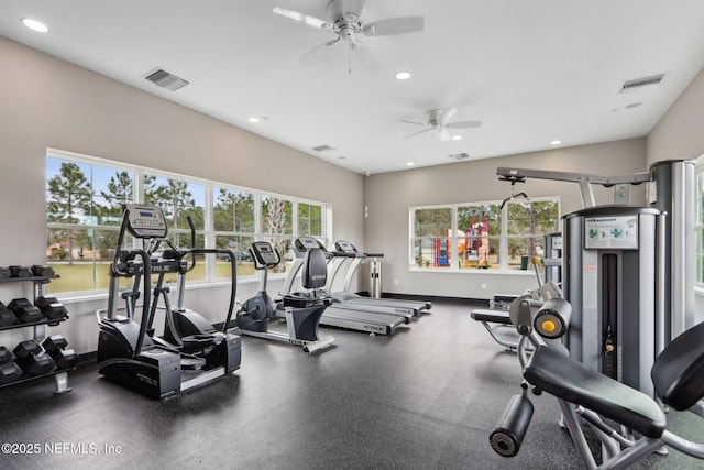 gym featuring baseboards, visible vents, and recessed lighting