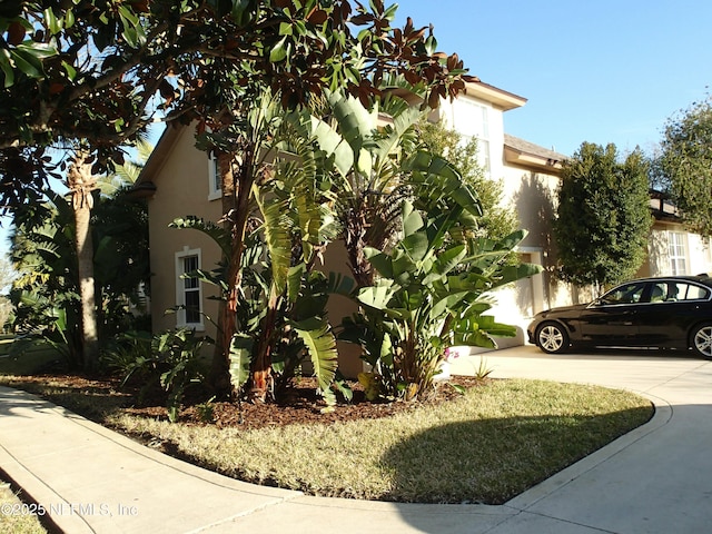 view of property exterior featuring concrete driveway and stucco siding