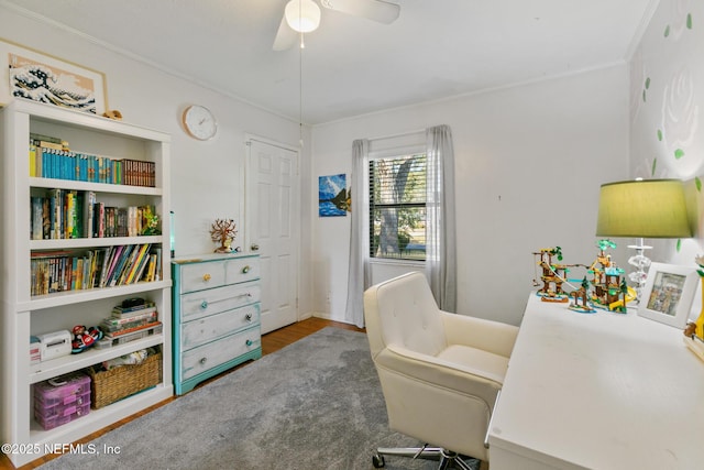 home office with ornamental molding and ceiling fan