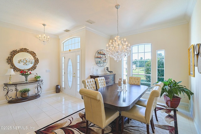 3383 Olympic Dr, Green Cove Springs, FL 32043 - dining space featuring an inviting chandelier, visible vents, light tile patterned flooring, and crown molding