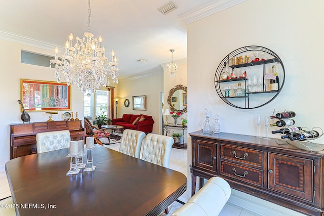 3383 Olympic Dr, Green Cove Springs, FL 32043 - dining space with a notable chandelier, crown molding, tile patterned floors, and visible vents