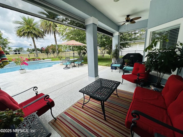 3383 Olympic Dr, Green Cove Springs, FL 32043 - exterior space with outdoor lounge area, a fenced backyard, a fenced in pool, and ceiling fan