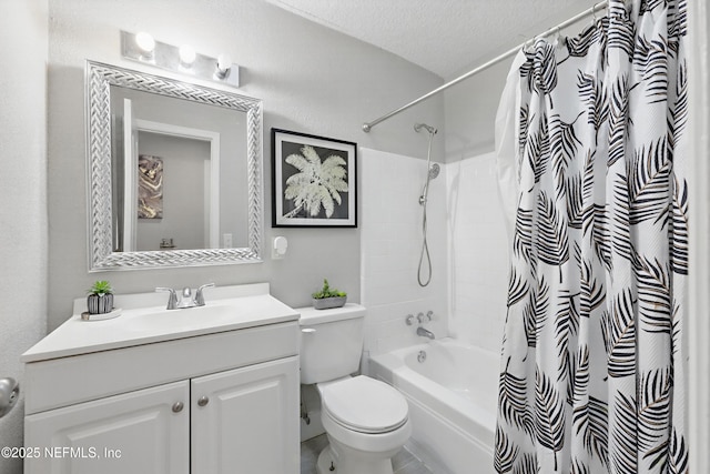 10605 Arnez Rd, Jacksonville, FL 32218 - bathroom with a textured ceiling, a textured wall, toilet, vanity, and shower / tub combo with curtain