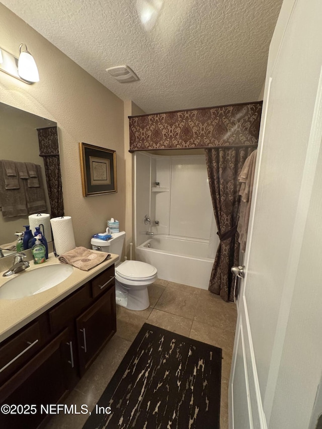 full bathroom with a textured ceiling, shower / tub combination, toilet, vanity, and visible vents