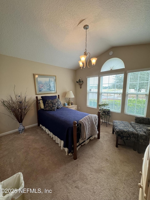 carpeted bedroom featuring a textured ceiling, baseboards, vaulted ceiling, and a notable chandelier