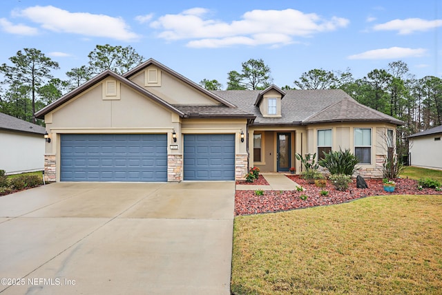 view of front of home featuring a garage, stone siding, driveway, and stucco siding