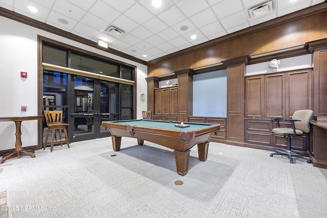 game room featuring ornamental molding, visible vents, billiards, and light carpet