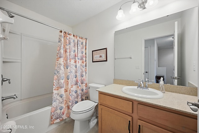 full bathroom with shower / tub combo, tile patterned flooring, vanity, and toilet