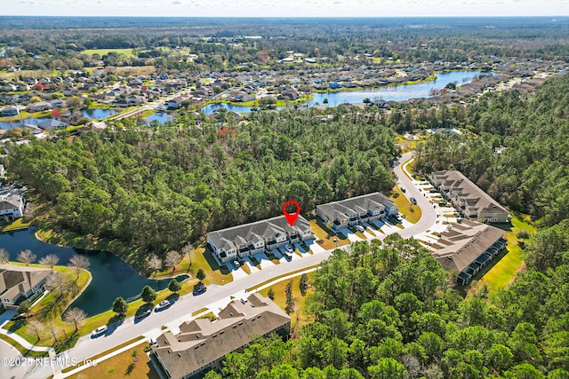 aerial view featuring a water view and a residential view