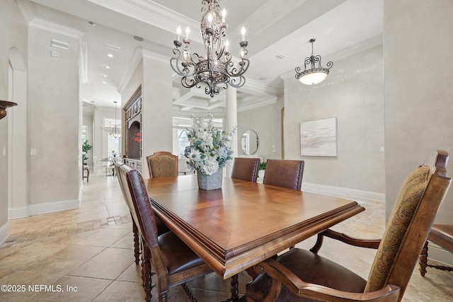 dining space featuring light tile patterned floors, ornamental molding, and baseboards