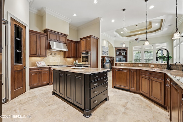 kitchen with a tray ceiling, decorative light fixtures, tasteful backsplash, a sink, and under cabinet range hood