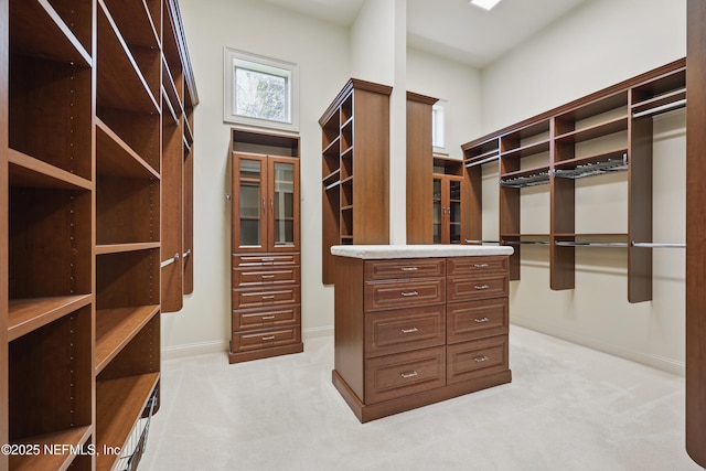 spacious closet featuring light colored carpet