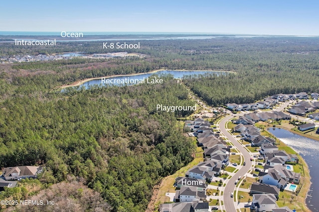 aerial view featuring a water view, a residential view, and a view of trees