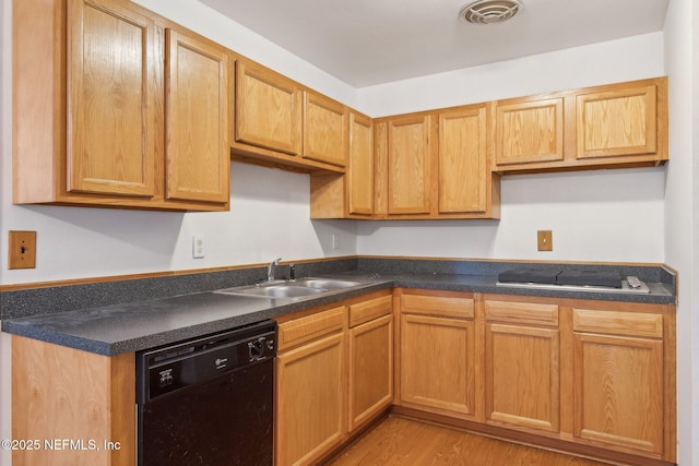 kitchen featuring black dishwasher, visible vents, dark countertops, stainless steel gas cooktop, and a sink