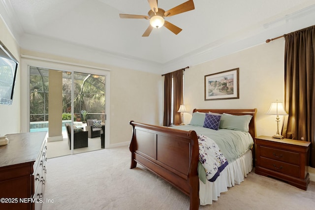 bedroom with access to outside, light carpet, ceiling fan, and baseboards