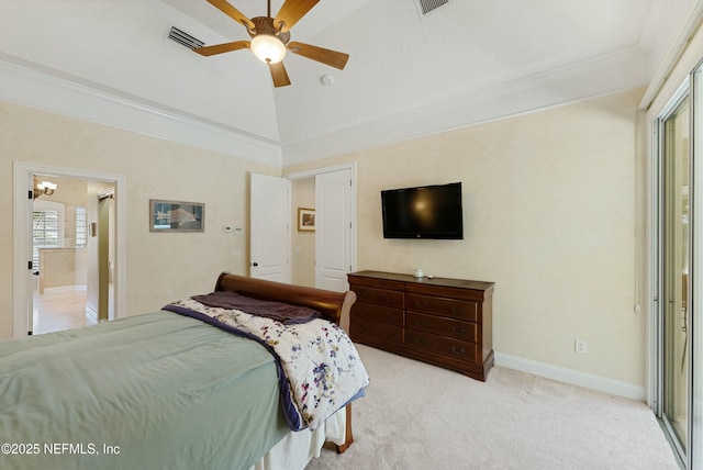 bedroom featuring lofted ceiling, ceiling fan, light colored carpet, baseboards, and crown molding