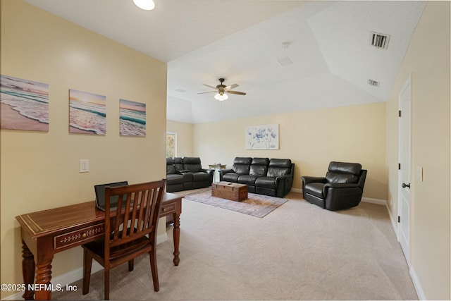 living room with light carpet, baseboards, visible vents, a ceiling fan, and vaulted ceiling