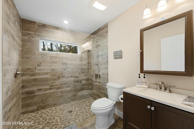 full bathroom featuring toilet, a walk in shower, and vanity