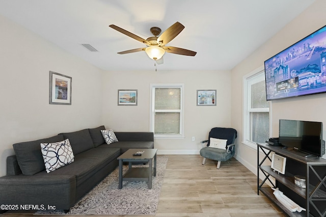 living room with a ceiling fan, visible vents, plenty of natural light, and light wood finished floors