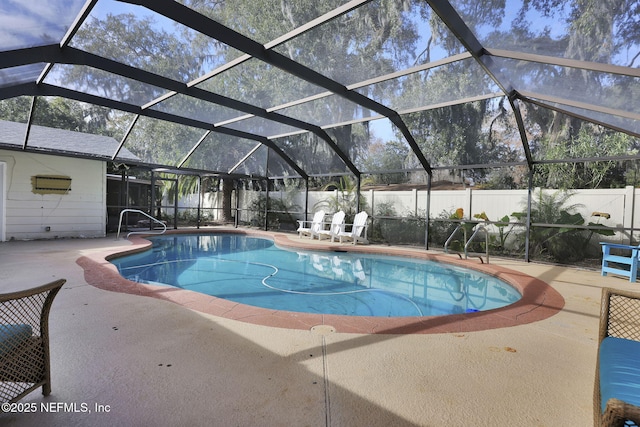 view of pool featuring a patio, a fenced backyard, a lanai, and a fenced in pool