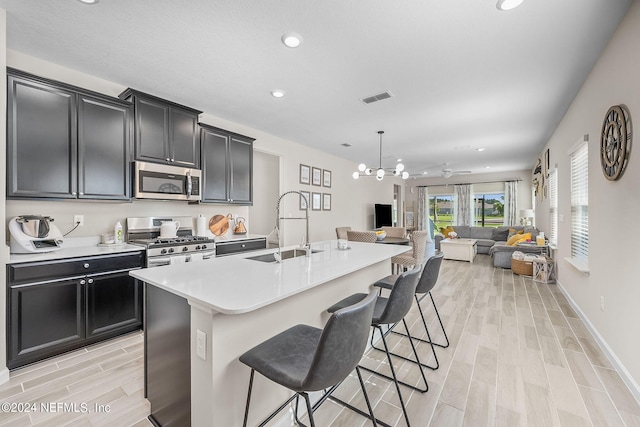 kitchen featuring a kitchen bar, a kitchen island with sink, stainless steel appliances, and sink