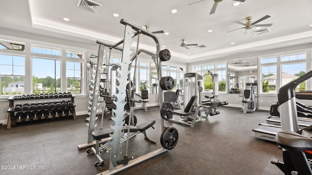 gym with a tray ceiling