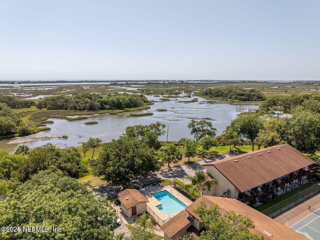 aerial view featuring a water view