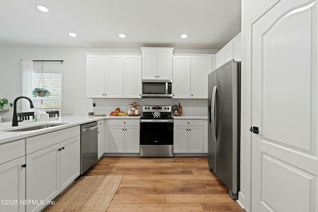 kitchen with a sink, white cabinetry, appliances with stainless steel finishes, light wood-type flooring, and tasteful backsplash