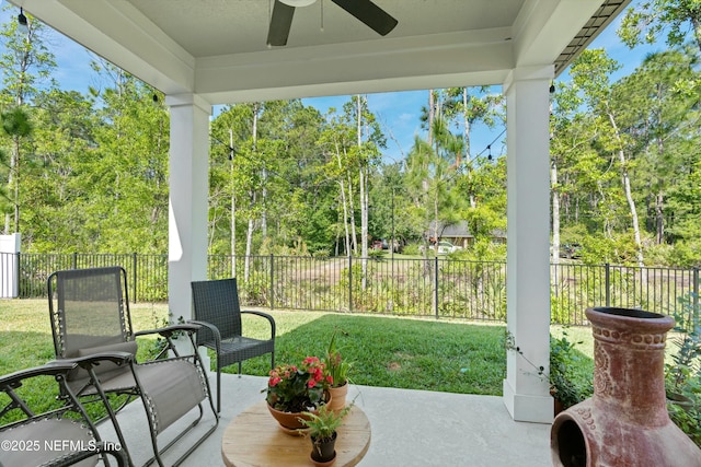 view of patio / terrace featuring a fenced backyard and ceiling fan