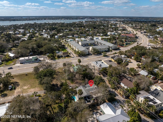 aerial view with a water view and a residential view