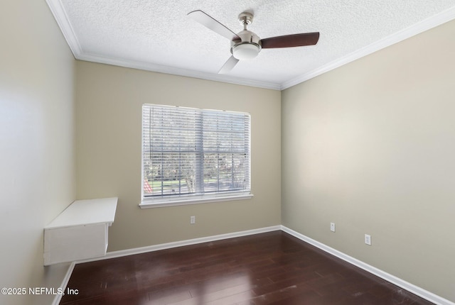 unfurnished room featuring ornamental molding, wood finished floors, a ceiling fan, and baseboards