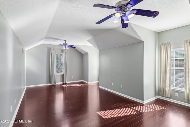 additional living space with a healthy amount of sunlight, a textured ceiling, vaulted ceiling, and wood finished floors