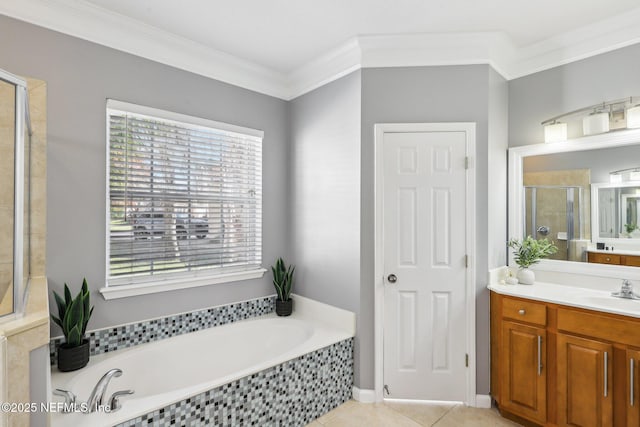 bathroom with a stall shower, tile patterned flooring, crown molding, and a bath