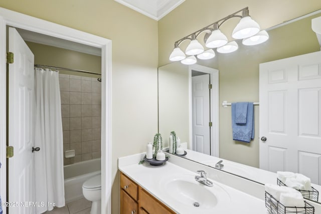 full bathroom featuring tile patterned flooring, toilet, vanity, ornamental molding, and shower / bath combination with curtain