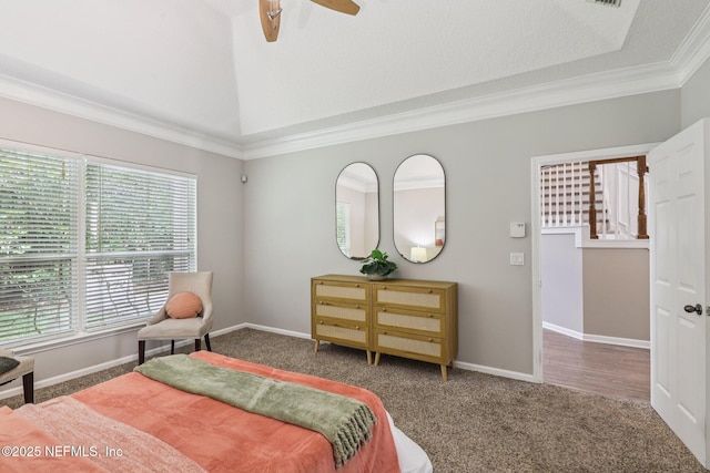 1494 Walnut Creek Dr, Fleming Island, FL 32003 - carpeted bedroom with ornamental molding, ceiling fan, and vaulted ceiling
