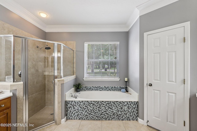 1494 Walnut Creek Dr, Fleming Island, FL 32003 - bathroom featuring vanity, a garden tub, crown molding, a shower stall, and tile patterned floors