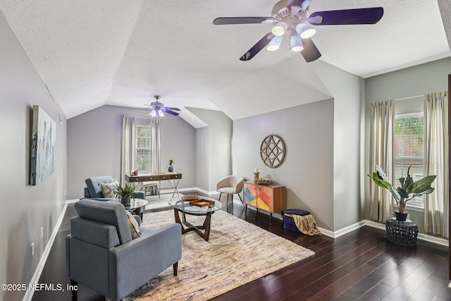1494 Walnut Creek Dr, Fleming Island, FL 32003 - living room featuring a ceiling fan, vaulted ceiling, a textured ceiling, and dark wood-style flooring