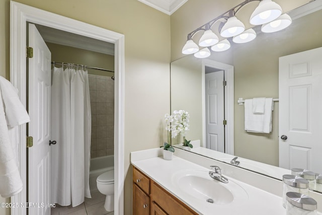 1494 Walnut Creek Dr, Fleming Island, FL 32003 - full bath with vanity, tile patterned flooring, crown molding, and shower / bath combination with curtain