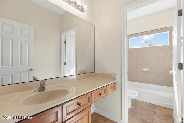 bathroom featuring  shower combination, vanity, toilet, and tile patterned floors