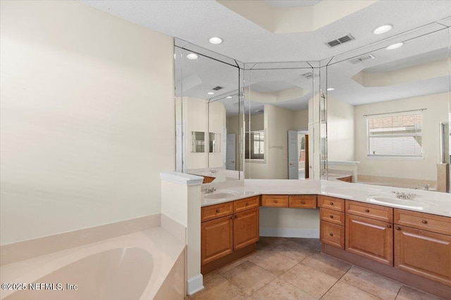 bathroom with visible vents, a bath, and vanity