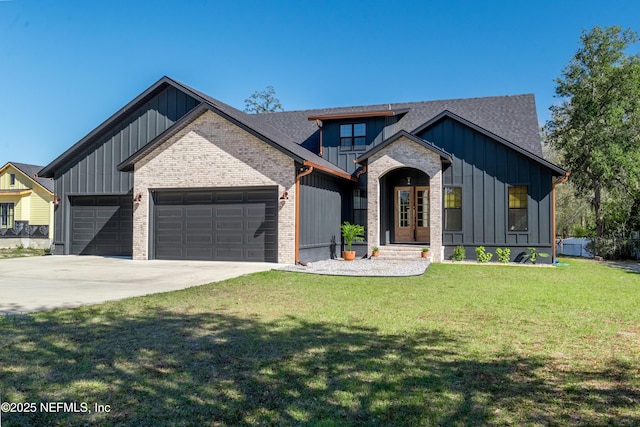 modern farmhouse featuring a garage, brick siding, board and batten siding, and concrete driveway