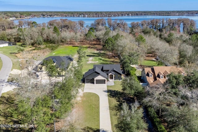 bird's eye view with a water view