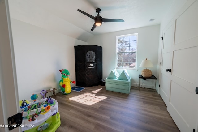 playroom featuring lofted ceiling, a ceiling fan, and wood finished floors