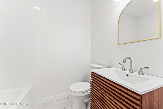 full bathroom with toilet, marble finish floor, baseboards, and vanity