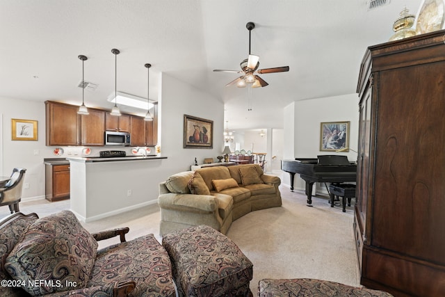 living area with ceiling fan, visible vents, baseboards, and light colored carpet