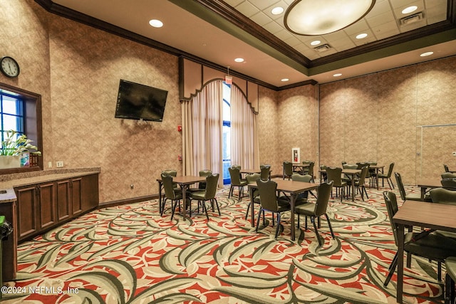 dining space with ornamental molding, recessed lighting, visible vents, and wallpapered walls