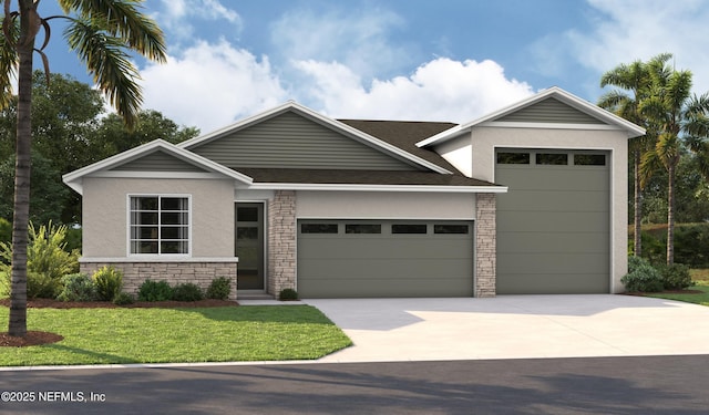 9093 Players Dr, Weeki Wachee, FL 34613 - view of front facade with stucco siding, concrete driveway, a front yard, a garage, and stone siding