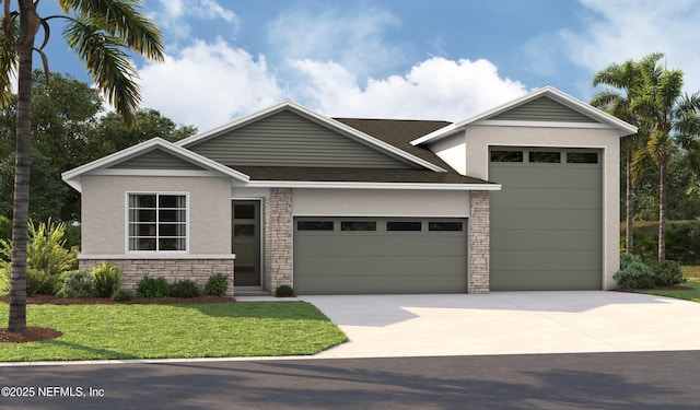 view of front of house featuring a garage, concrete driveway, stone siding, stucco siding, and a front lawn